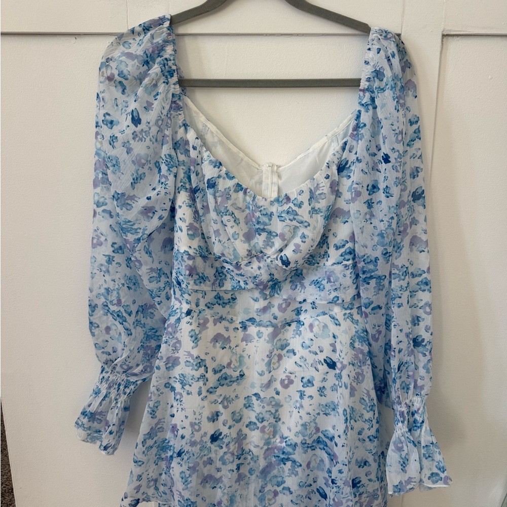Light Blue Floral Long Sleeve Mini Romper Dress